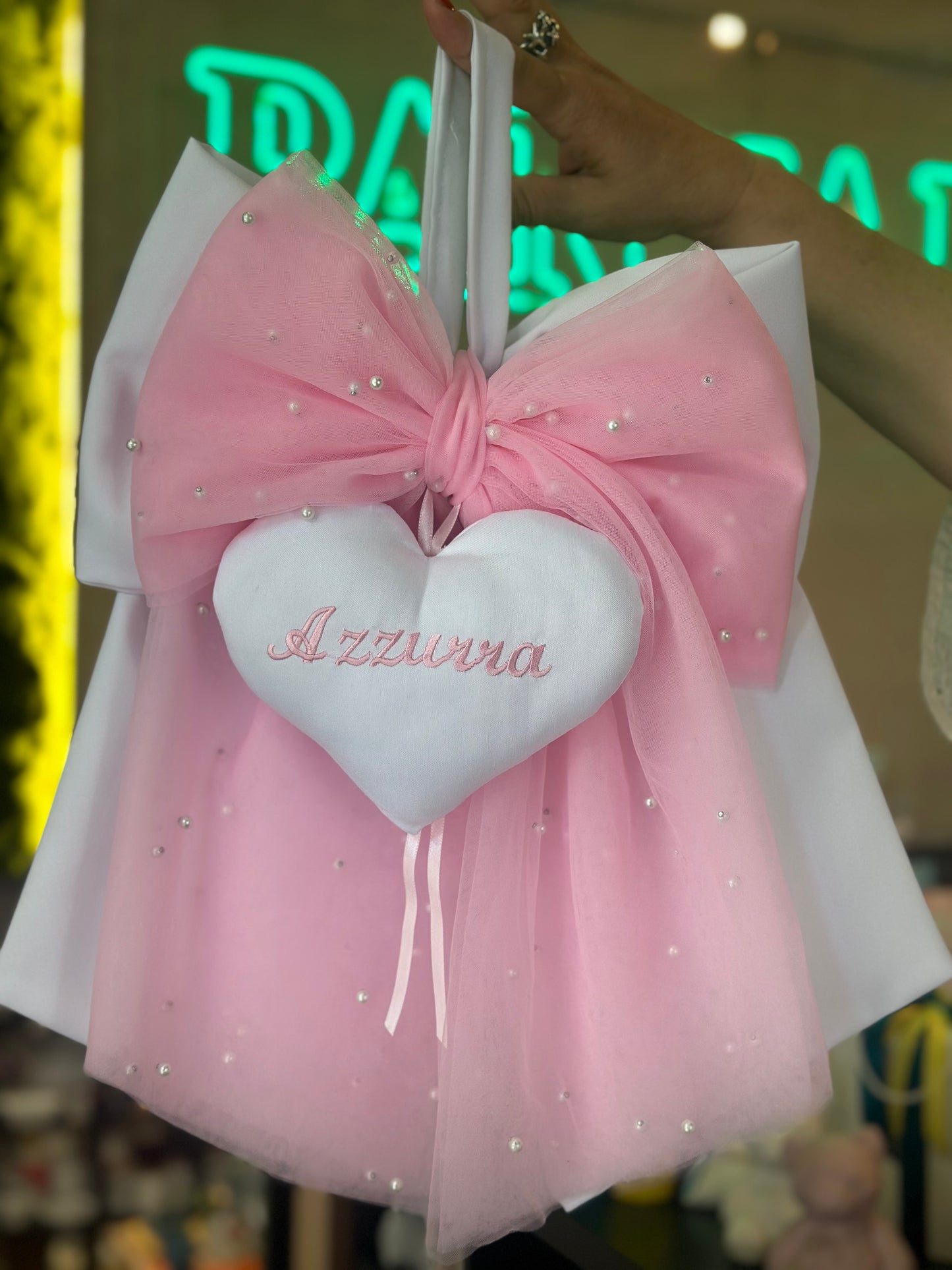 Fiocco nascita con tulle e cuore ricamato
