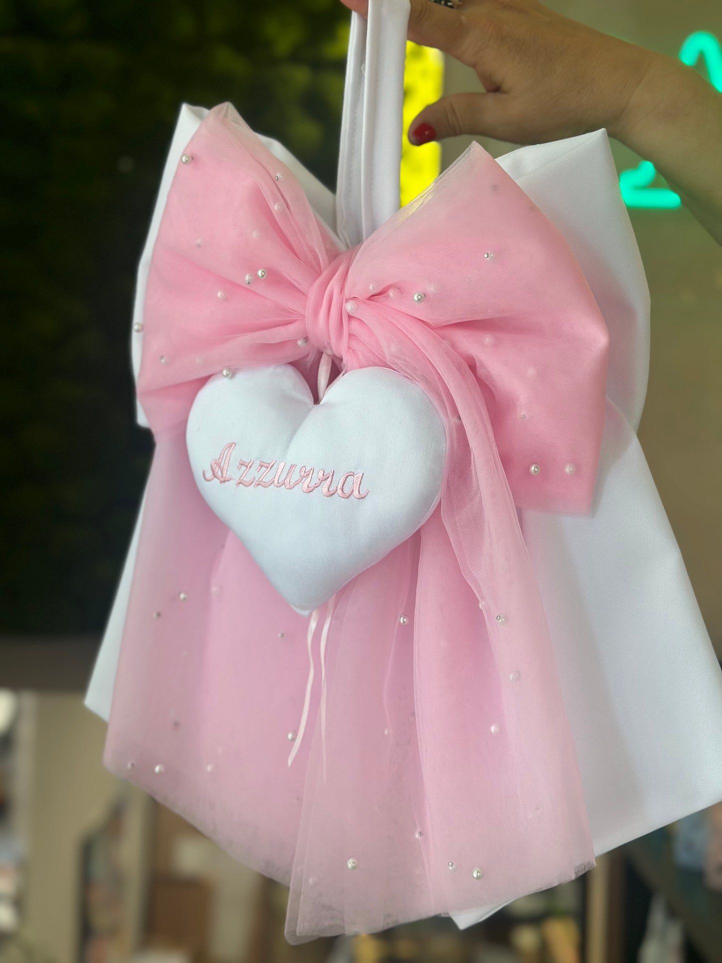 Fiocco nascita con tulle e cuore ricamato
