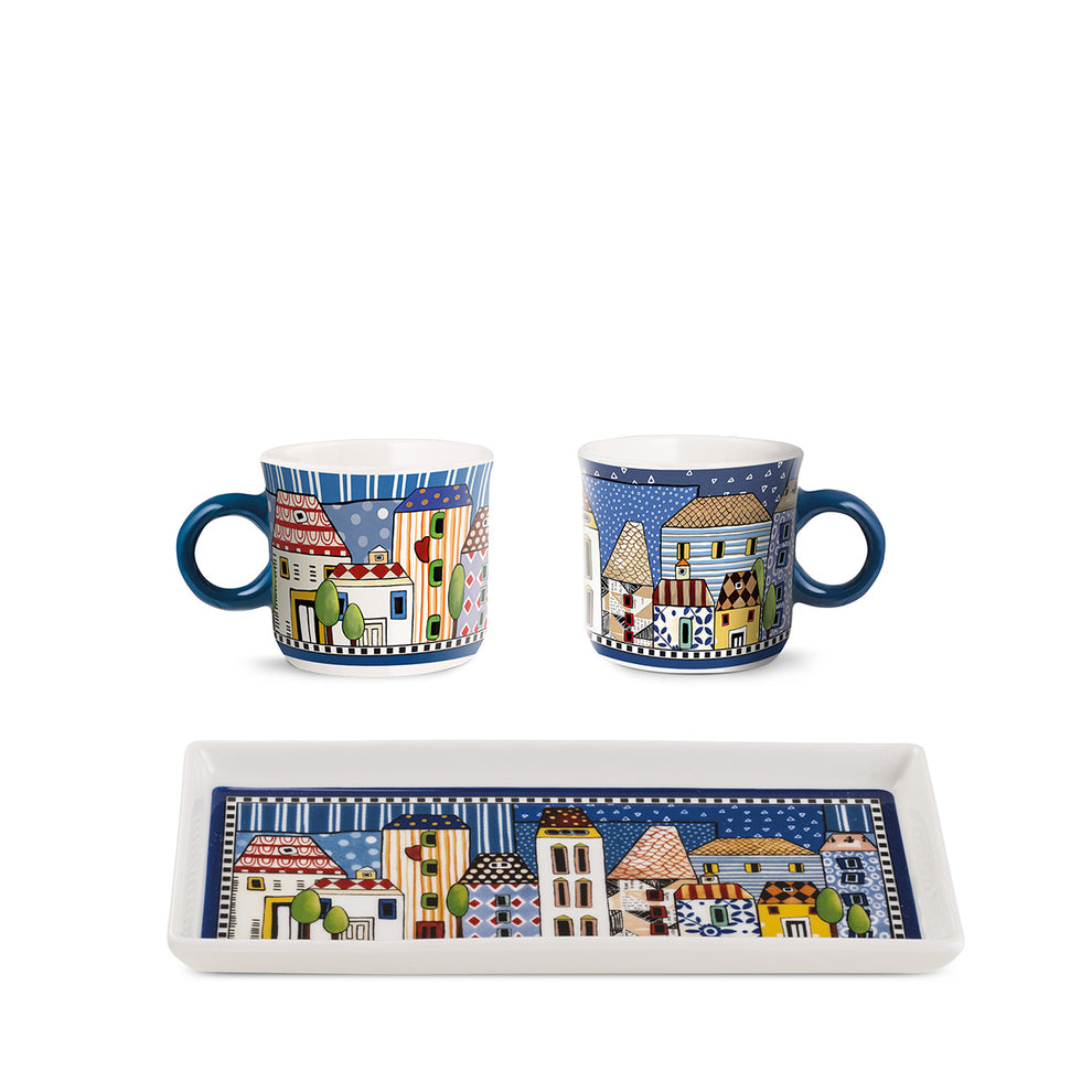 Set 2 Mini Mug + Vassoio “Paese Mio” Blu 