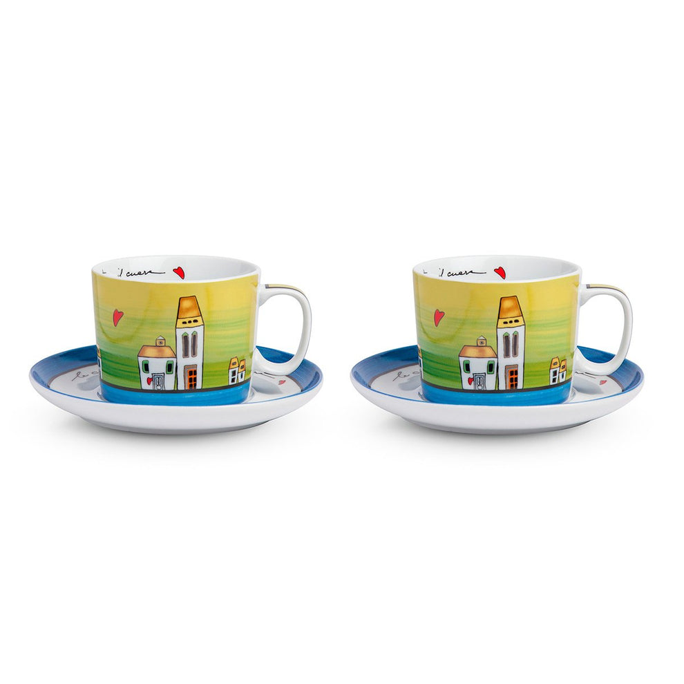 Set Tazze Colazione con piattini Le Casette Blu 